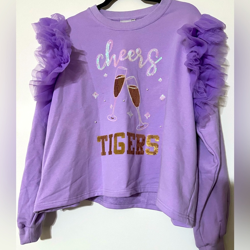 QUEEN OF SPARKLES Lavender Ruffled-Sleeve 'Cheers Tigers' Sweater
